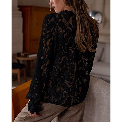 Women Dressy Casual Lace Blouse Long Sleeve Button Down Shirt