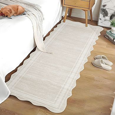 Washable Solid Scalloped Runner Rug, Non-Slip Low Pile Boho Long Mat for Entryway, Bedroom, Bedside