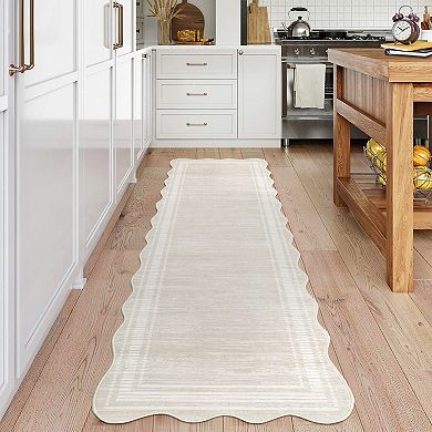Washable Solid Scalloped Runner Rug, Non-Slip Low Pile Boho Long Mat for Entryway, Bedroom, Bedside