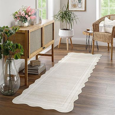 Washable Solid Scalloped Runner Rug, Non-Slip Low Pile Boho Long Mat for Entryway, Bedroom, Bedside
