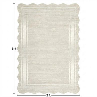 Washable Solid Scalloped Runner Rug, Non-Slip Low Pile Boho Long Mat for Entryway, Bedroom, Bedside