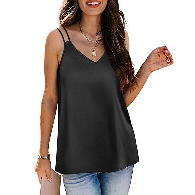 Women's V Neck Double Strap Camisole, Loose Fit Satin Casual Tank Top