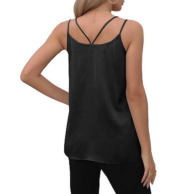 Women's V Neck Double Strap Camisole, Loose Fit Satin Casual Tank Top
