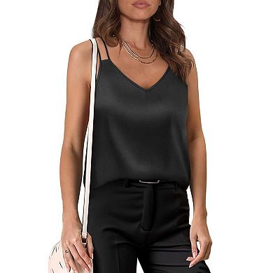Women's V Neck Double Strap Camisole, Loose Fit Satin Casual Tank Top