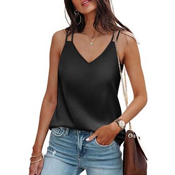 Women's V Neck Double Strap Camisole, Loose Fit Satin Casual Tank Top