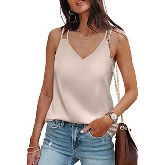 Women's V Neck Double Strap Camisole, Loose Fit Satin Casual Tank Top
