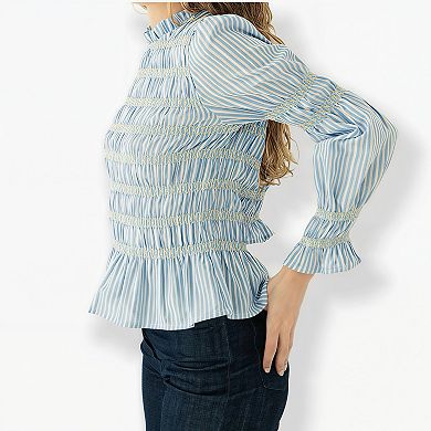 Women's Mock Neck Smocked Long Sleeve Top - Ruched Blouse with Elastic Cuffs