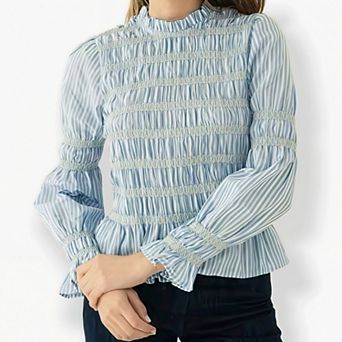 Women's Mock Neck Smocked Long Sleeve Top - Ruched Blouse with Elastic Cuffs
