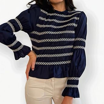 Women's Mock Neck Smocked Long Sleeve Top - Ruched Blouse with Elastic Cuffs