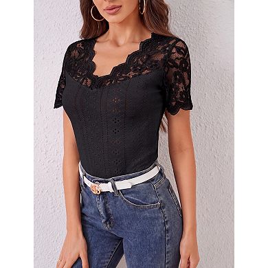 Women Lace Top Short Sleeve Fitted Mesh Sheer T Shirt