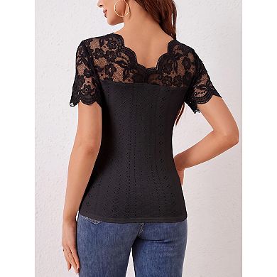 Women Lace Top Short Sleeve Fitted Mesh Sheer T Shirt
