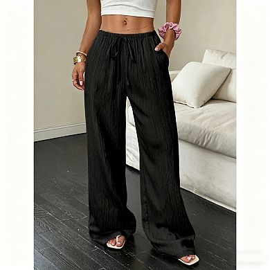 Women's Flowy Crinkle Wide Leg Pants, Elastic Waist Loungewear
