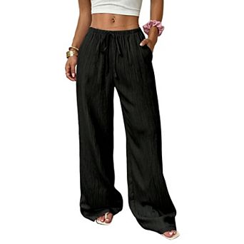 Women's Flowy Crinkle Wide Leg Pants, Elastic Waist Loungewear