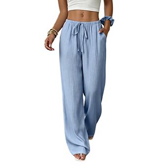 Women's Flowy Crinkle Wide Leg Pants, Elastic Waist Loungewear