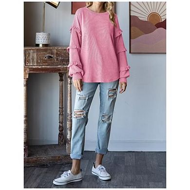 Women's Casual Ribbed Knit Top, Long Sleeve Ruffle Detail Blouse