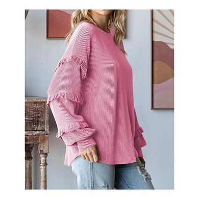Women's Casual Ribbed Knit Top, Long Sleeve Ruffle Detail Blouse