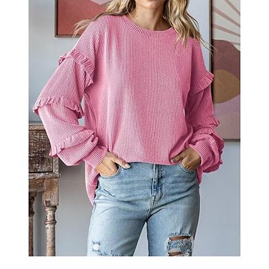 Women's Casual Ribbed Knit Top, Long Sleeve Ruffle Detail Blouse