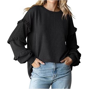 Women's Casual Ribbed Knit Top, Long Sleeve Ruffle Detail Blouse