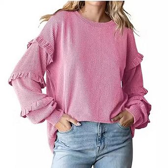 Women's Casual Ribbed Knit Top, Long Sleeve Ruffle Detail Blouse