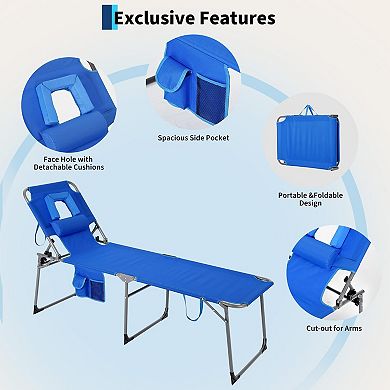 Portable Folding Sun Lounger with Face Hole, 5-Position Adjustable Backrest