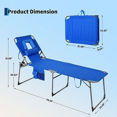 Portable Folding Sun Lounger with Face Hole, 5-Position Adjustable Backrest