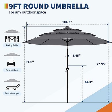 9FT Outdoor Umbrella - 3-Tier Vented Canopy with Crank & Tilt