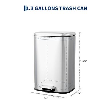 Stainless Steel Kitchen Step Trash Can - 1.3 Gallon/5L, Soft-Close Lid