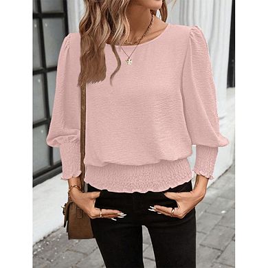Women's Relaxed Fit Solid Color Shirting Top with Textured Shirting & Lantern Sleeves
