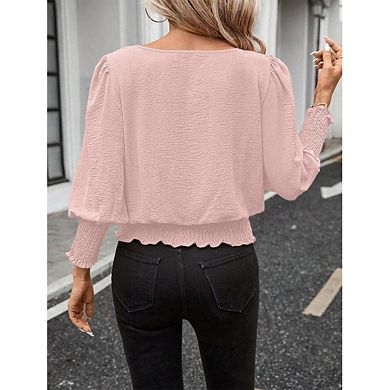 Women's Relaxed Fit Solid Color Shirting Top with Textured Shirting & Lantern Sleeves
