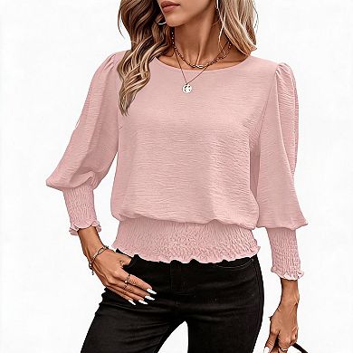 Women's Relaxed Fit Solid Color Shirting Top with Textured Shirting & Lantern Sleeves