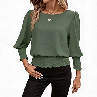 Women's Relaxed Fit Solid Color Shirting Top with Textured Shirting & Lantern Sleeves