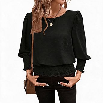 Women's Relaxed Fit Solid Color Shirting Top with Textured Shirting & Lantern Sleeves