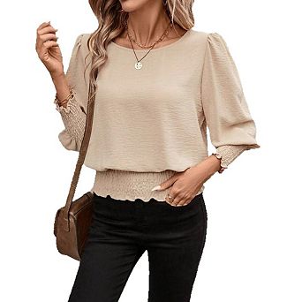 Women's Relaxed Fit Solid Color Shirting Top with Textured Shirting & Lantern Sleeves