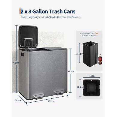 Dual Compartment Stainless Steel Kitchen Trash Can - 21 Gallon (2 x 10.6 Gal) Step