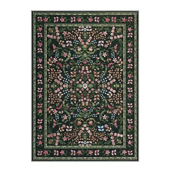 Washable Boho Floral Area Rug, Soft Non-Slip Low Pile Carpet for Living Room, Bedroom, Green