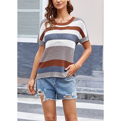 Women's Color Block Knit T-Shirt, Short Sleeve Loose Fit Pullover