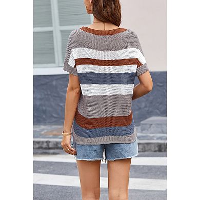 Women's Color Block Knit T-Shirt, Short Sleeve Loose Fit Pullover