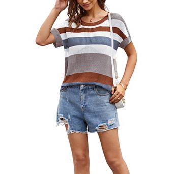 Women's Color Block Knit T-Shirt, Short Sleeve Loose Fit Pullover
