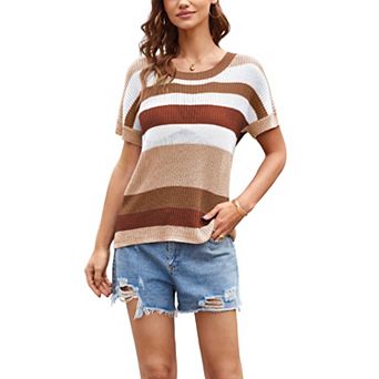 Women's Color Block Knit T-Shirt, Short Sleeve Loose Fit Pullover