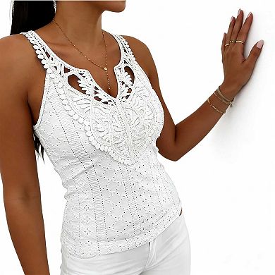 Women's V Neck Lace Trim Tank Top, Fitted Solid Eyelet Sleeveless Blouse