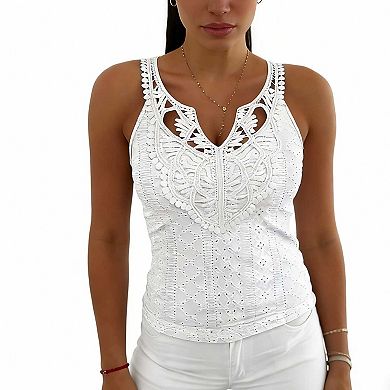 Women's V Neck Lace Trim Tank Top, Fitted Solid Eyelet Sleeveless Blouse