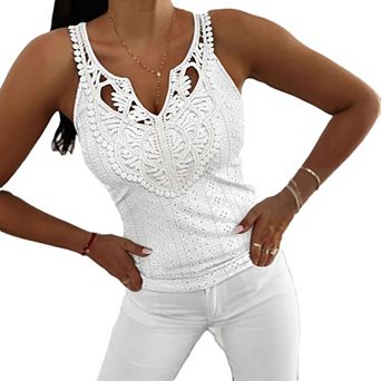 Women's V Neck Lace Trim Tank Top, Fitted Solid Eyelet Sleeveless Blouse