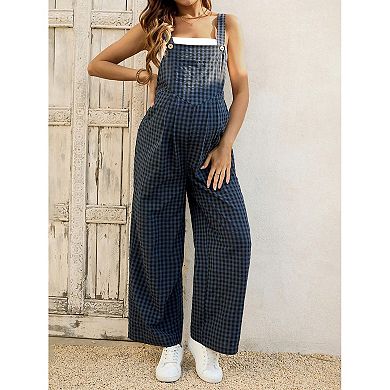 Women Plaid Wide Leg Overall Casual Sleeveless Jumpsuit