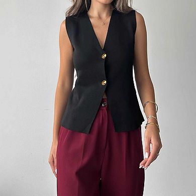 Women's V Neck Sleeveless Knit Vest, Button Front Tailored Waistcoat Top