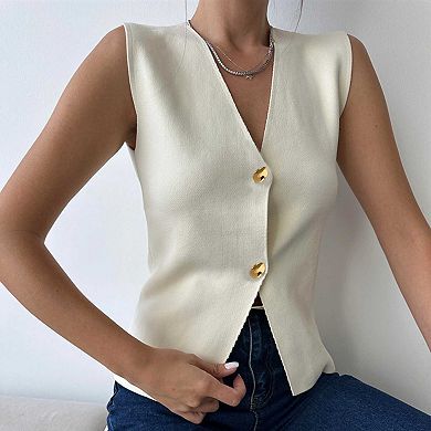 Women's V Neck Sleeveless Knit Vest, Button Front Tailored Waistcoat Top