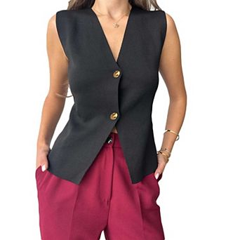 Women's V Neck Sleeveless Knit Vest, Button Front Tailored Waistcoat Top