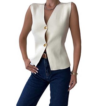 Women's V Neck Sleeveless Knit Vest, Button Front Tailored Waistcoat Top