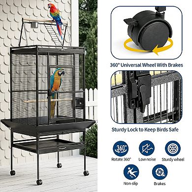 Large Rolling Bird Cage with Play Top - Spacious Aviary for Parrots, Parakeets, Conures