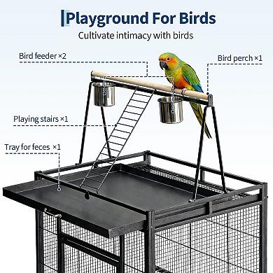 Large Rolling Bird Cage with Play Top - Spacious Aviary for Parrots, Parakeets, Conures