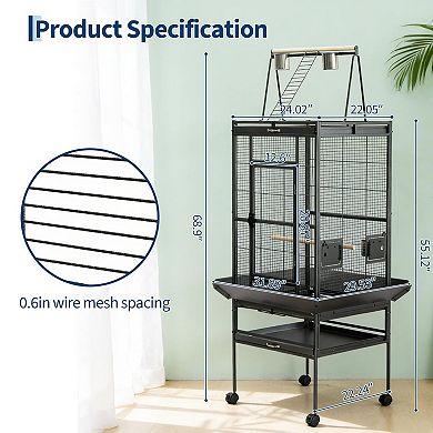 Large Rolling Bird Cage with Play Top - Spacious Aviary for Parrots, Parakeets, Conures